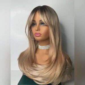 Beautiful 24 Inch Straight Blonde Layered hair Wig With Curtain Bangs Dark Roots